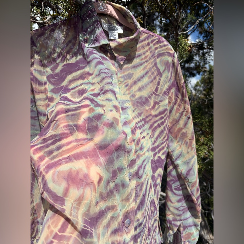 Vintage See-Thru Blouse Psychedelic Mint Green Purple Swirl Tie Dye